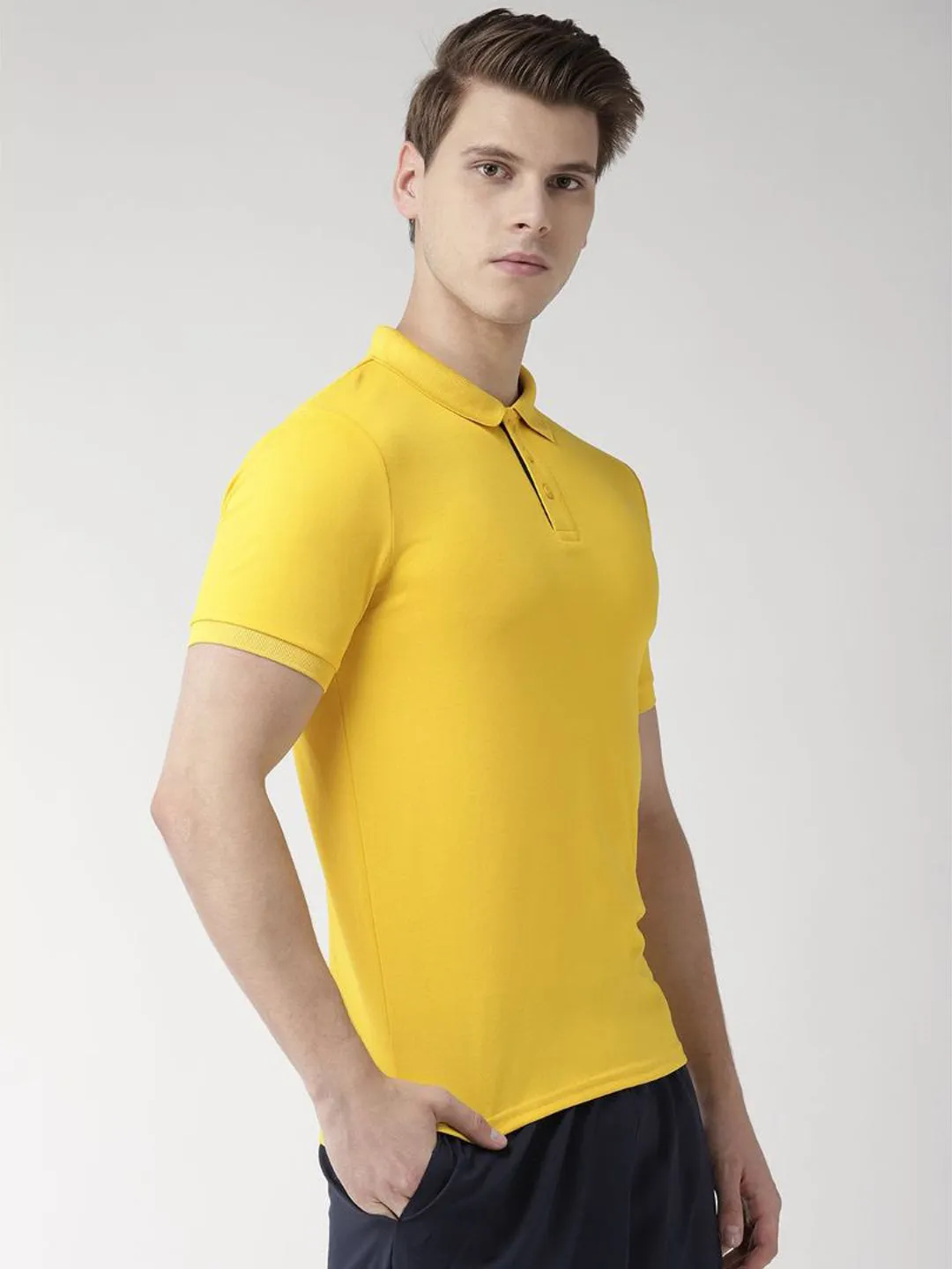 Alcis Men Yellow Solid Polo Collar T-shirt Flatlock stitching NonIron Finish