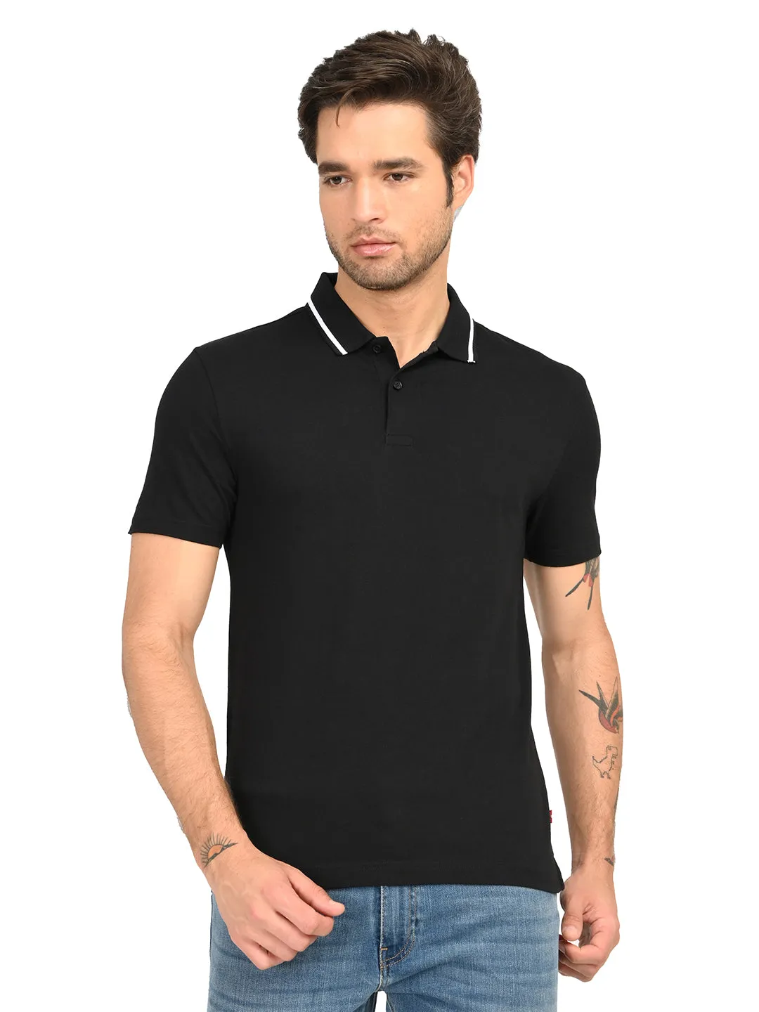 Men's Solid Black Polo T-Shirt Heather Effect Weaving Golf Clubhouse