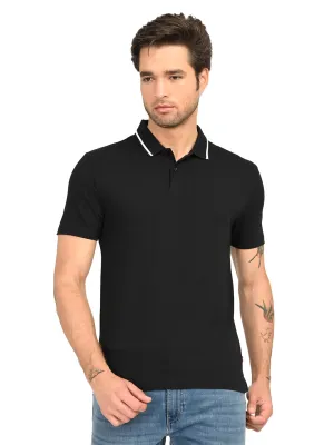 Men's Solid Black Polo T-Shirt Heather Effect Weaving Golf Clubhouse