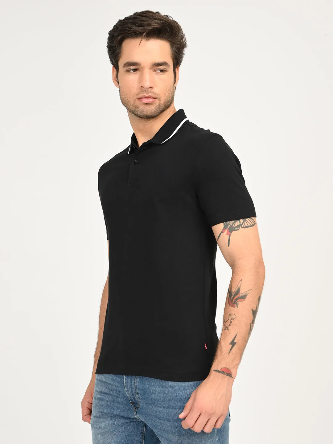 Men's Solid Black Polo T-Shirt Relaxed Neckline Wrinkle Free Treatment