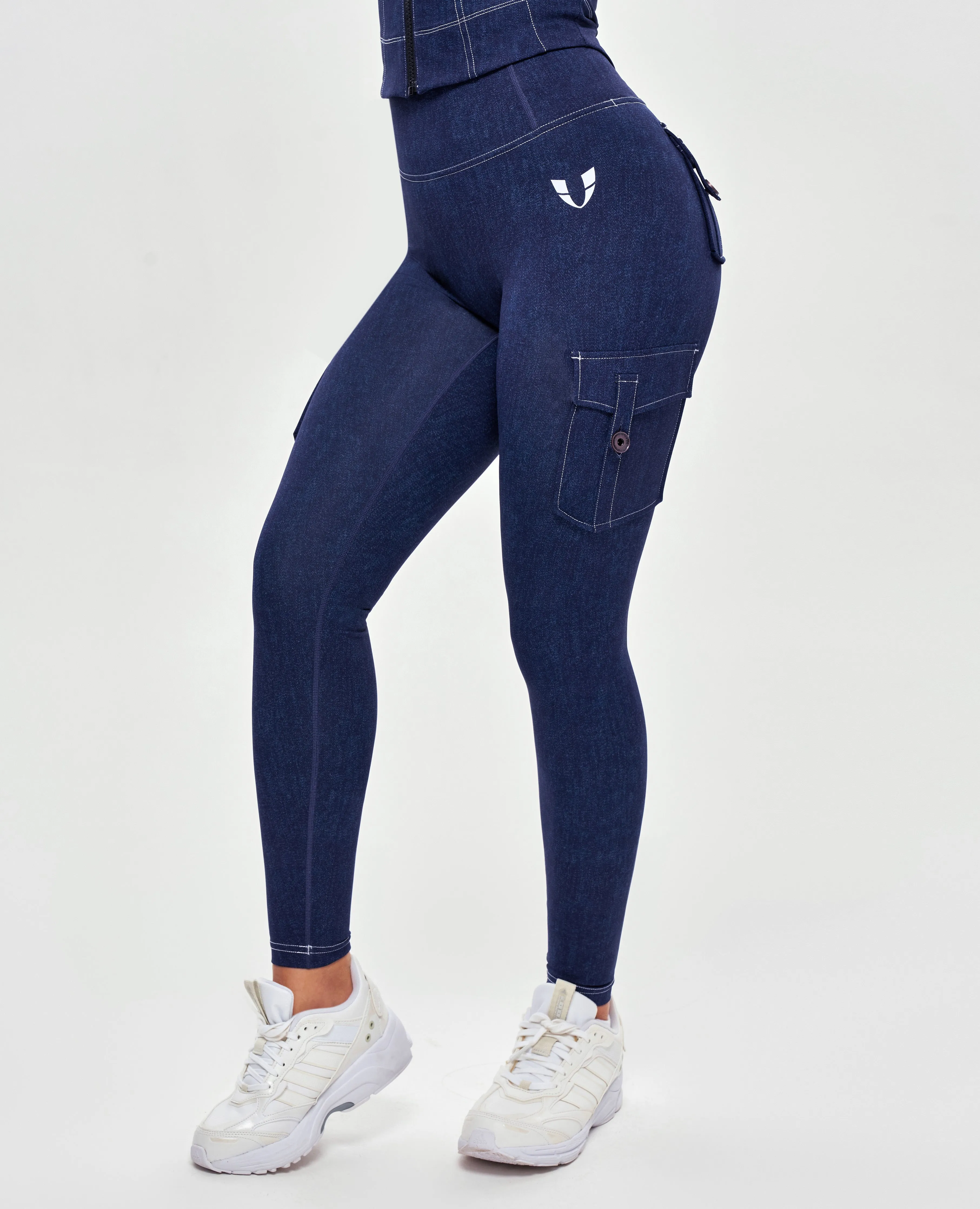 Body Sculpt High Waisted Cargo Leggings - Denim Blue Body Shaping Morning Stretch Thermal Regulating Fabric