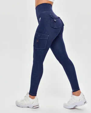 Reinforced Seams Essential Fit Body Sculpt High Waisted Cargo Leggings - Denim Blue