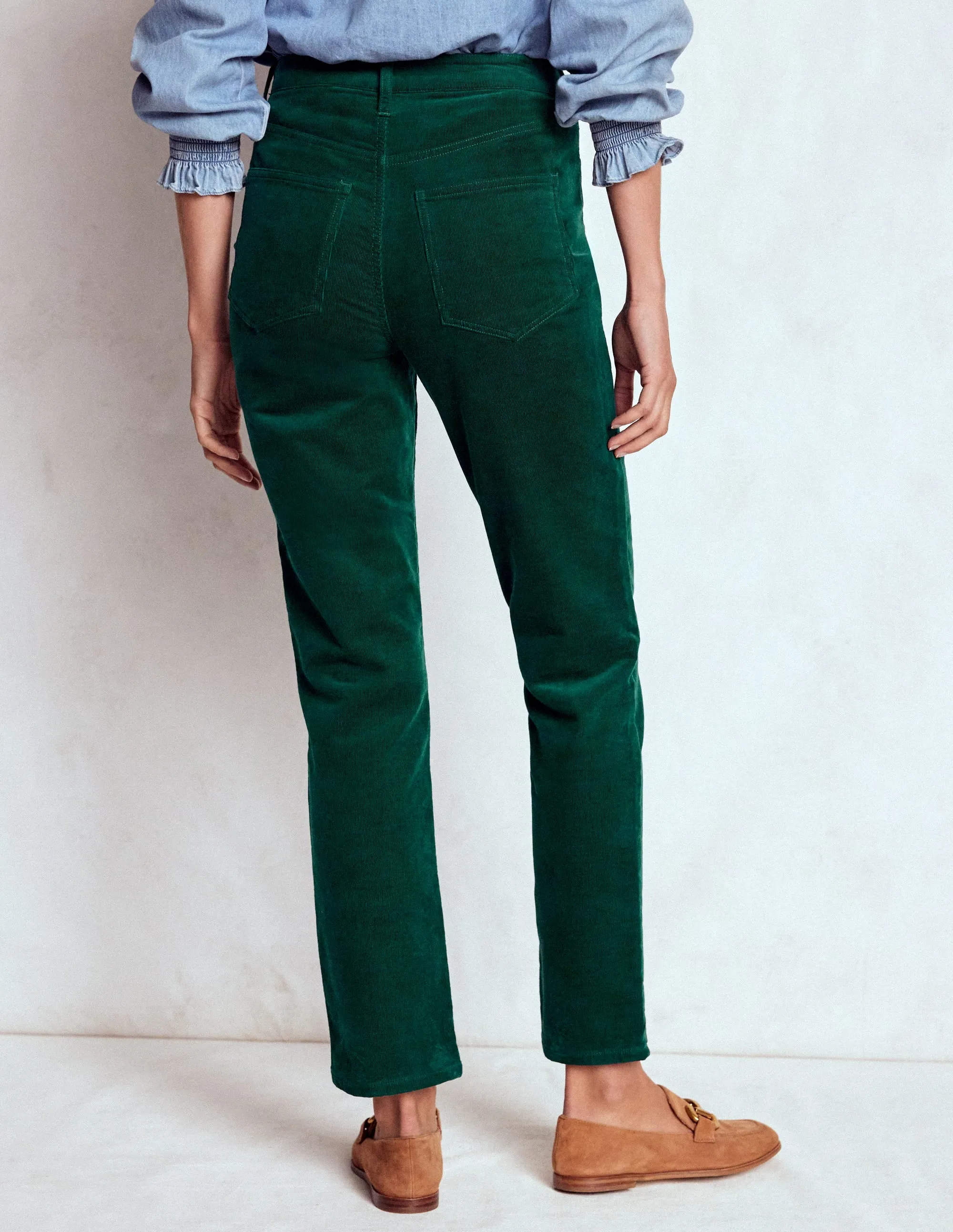 High-Waisted Cord Slim Jeans-Emerald Night Chill Attire