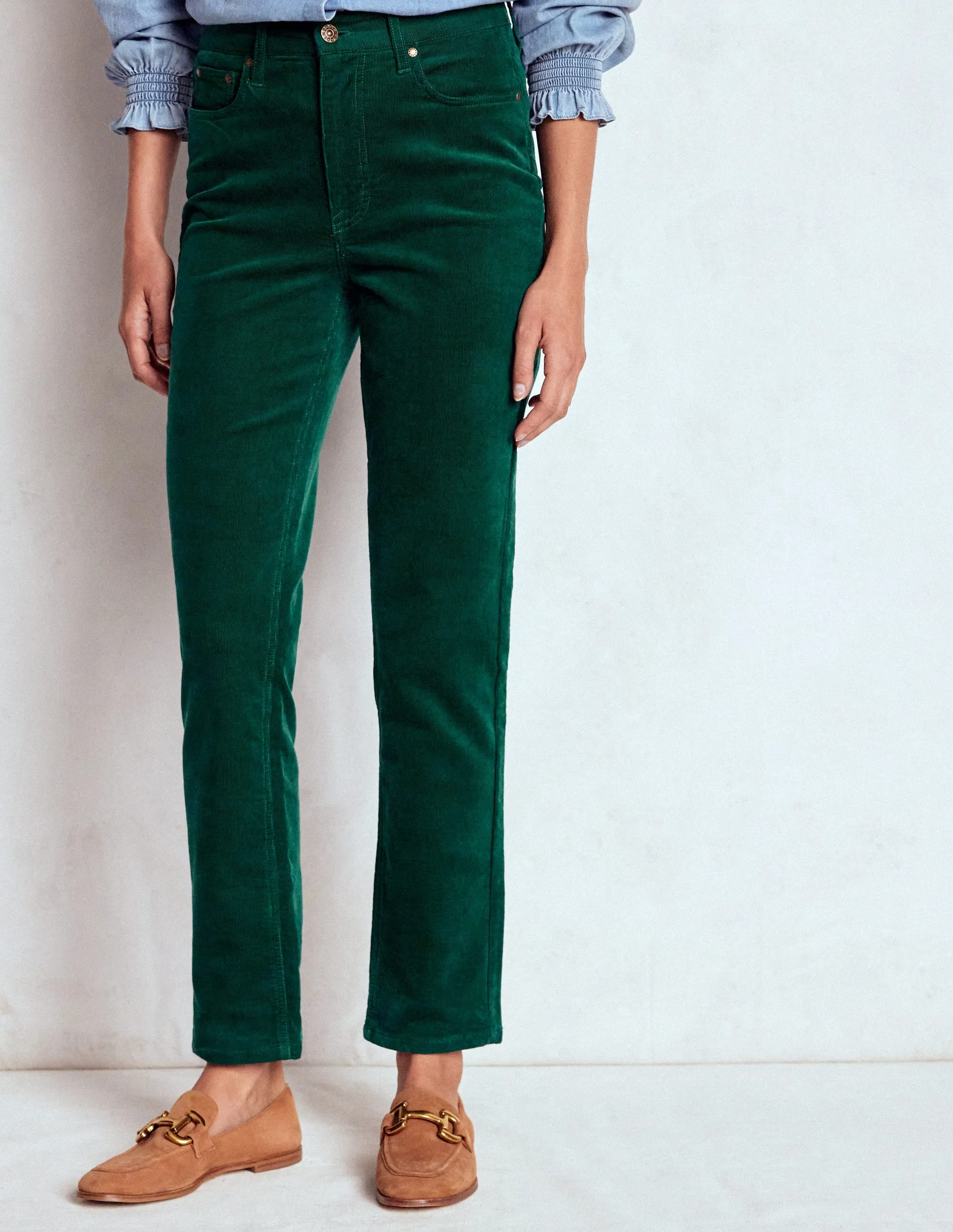 Weekend Getaway Stylish High-Waisted Cord Slim Jeans-Emerald Night