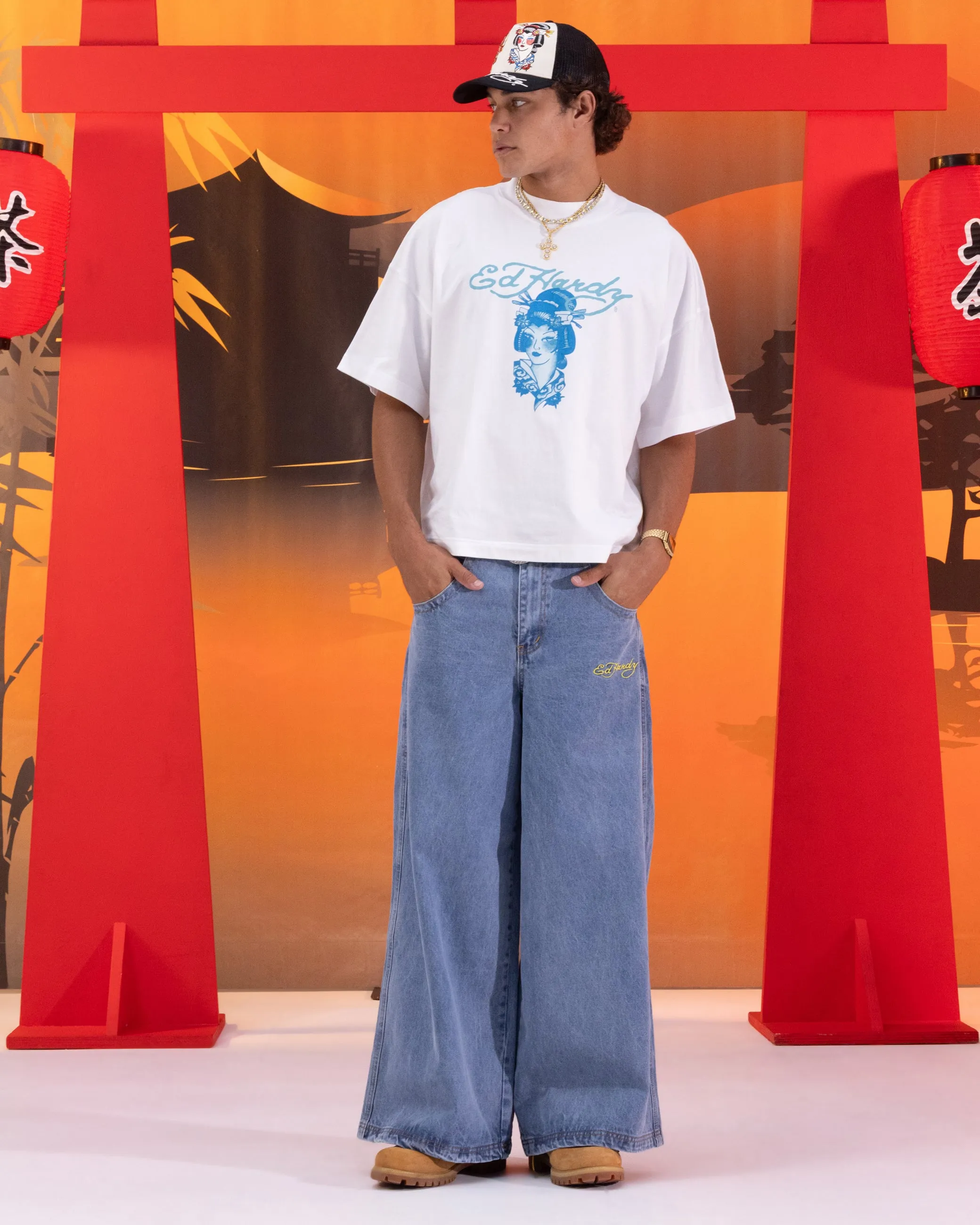 Ed Hardy Ultra Wide Leg Denim Jeans Light Wash Blue Everyday Use