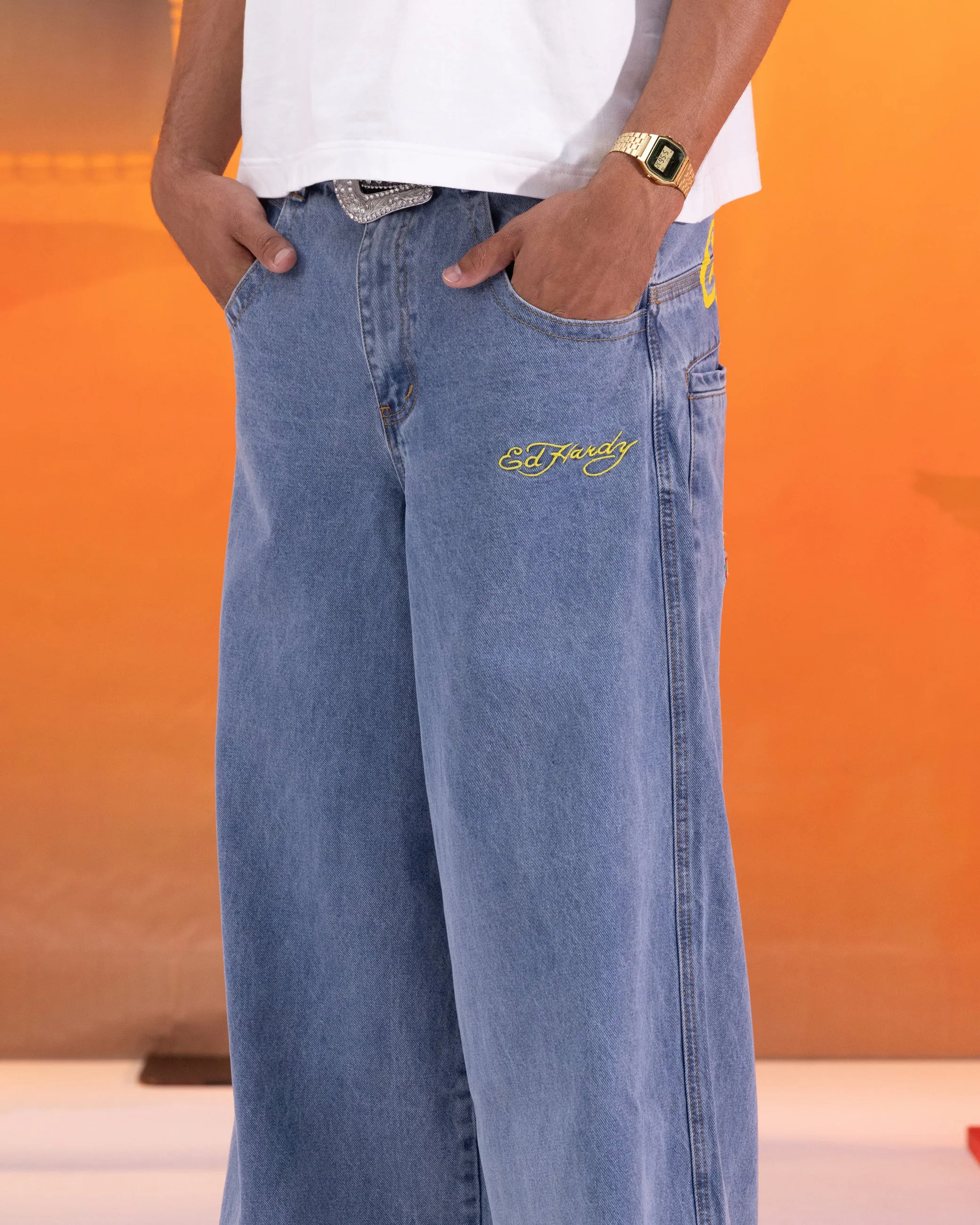 Parent Style Evening Stroll Festival Outfit Everyday Classic Wear Comfy Ed Hardy Ultra Wide Leg Denim Jeans Light Wash Blue