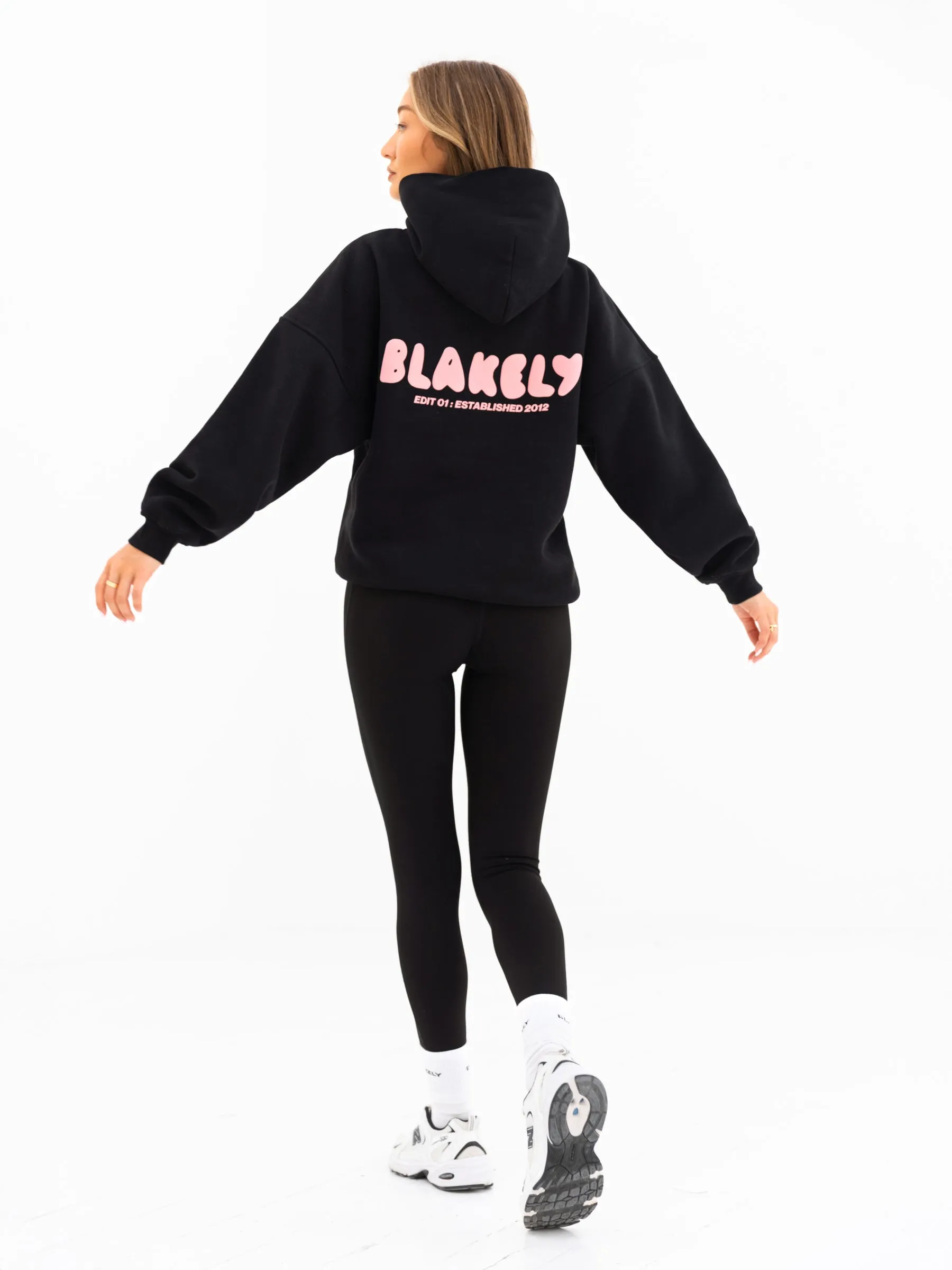 Cloud Print Oversized Hoodie - Black High Neck