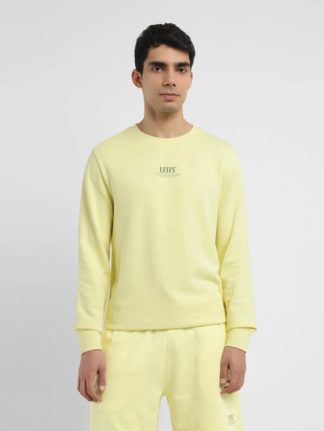 Men's Solid Yellow Crew Neck Sweatshirt Drawcord Hem Bee like