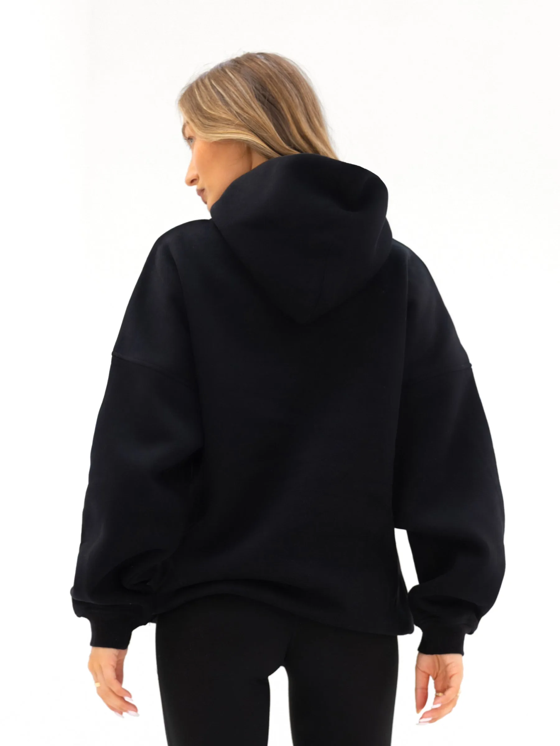 Elasticated Waistband Wild boar like Offset Oversized Hoodie - Black