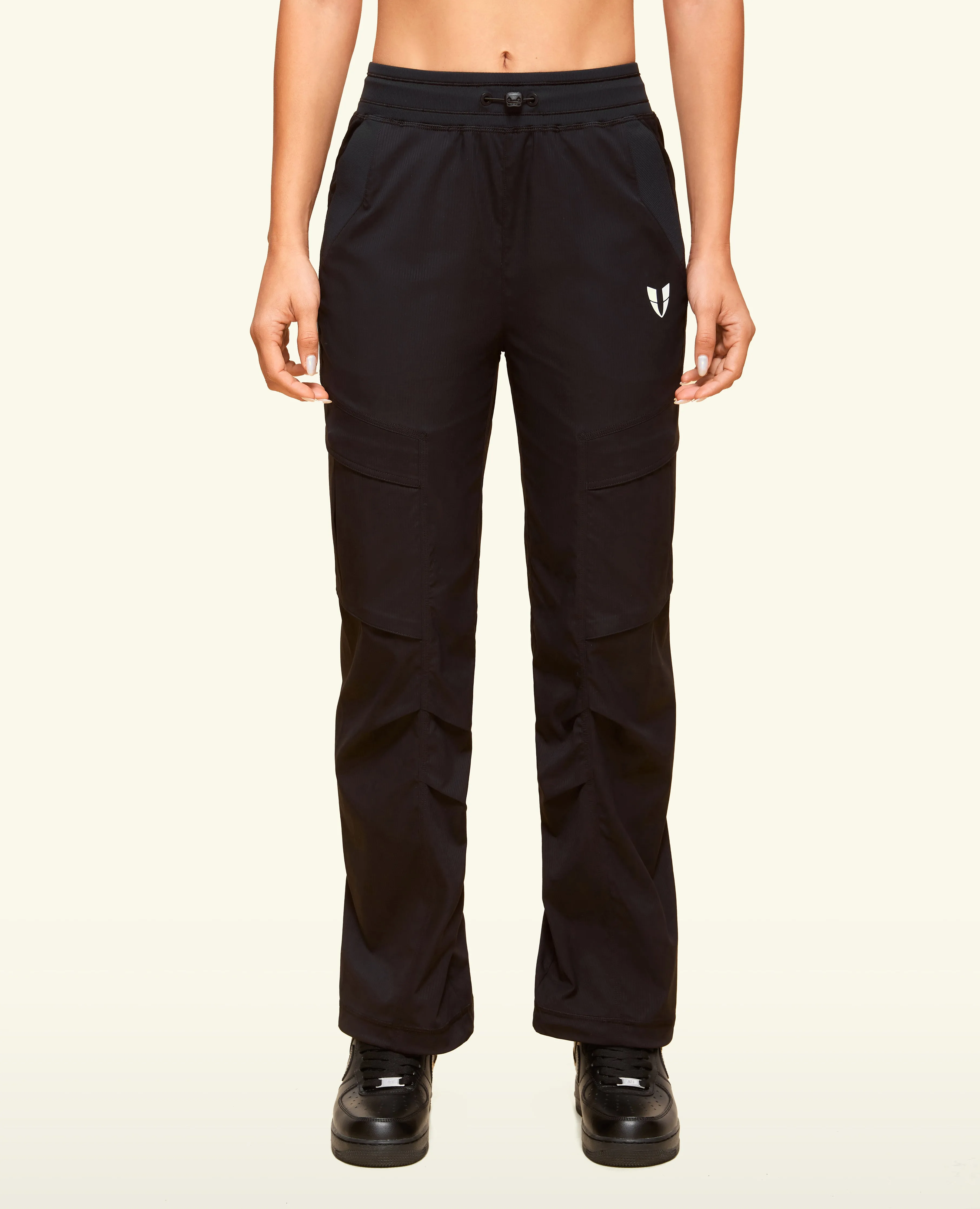 Flexible Hem Ribbed Texture Fabric Drawstring Pocket Loose Fit Pants - Black