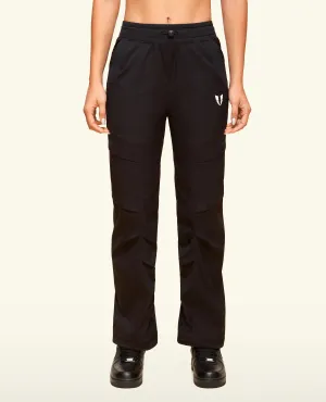 Flexible Hem Ribbed Texture Fabric Drawstring Pocket Loose Fit Pants - Black