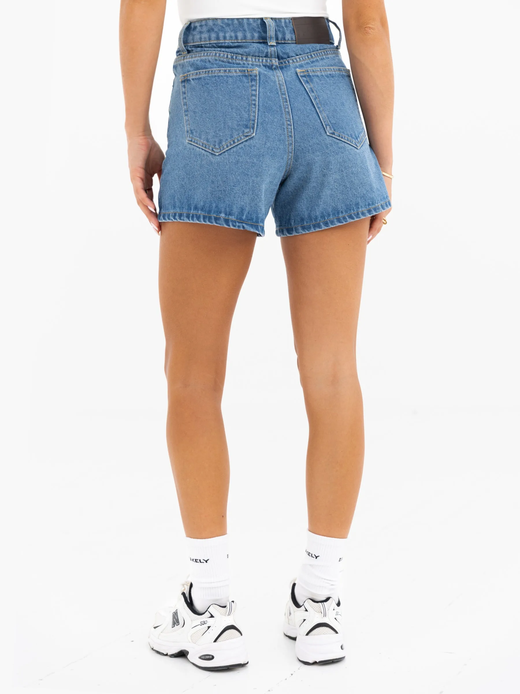 QuickReleaseBuckle Blakely High Rise Denim Shorts - Mid Blue