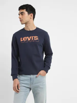 Hooded Design Men's Brand Logo Navy Crew Neck Sweatshirt