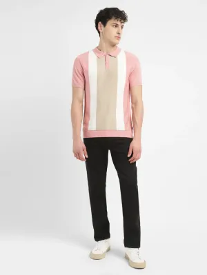 Bound Edge Detailing Men's Colorblock Pink Polo Collar Sweater
