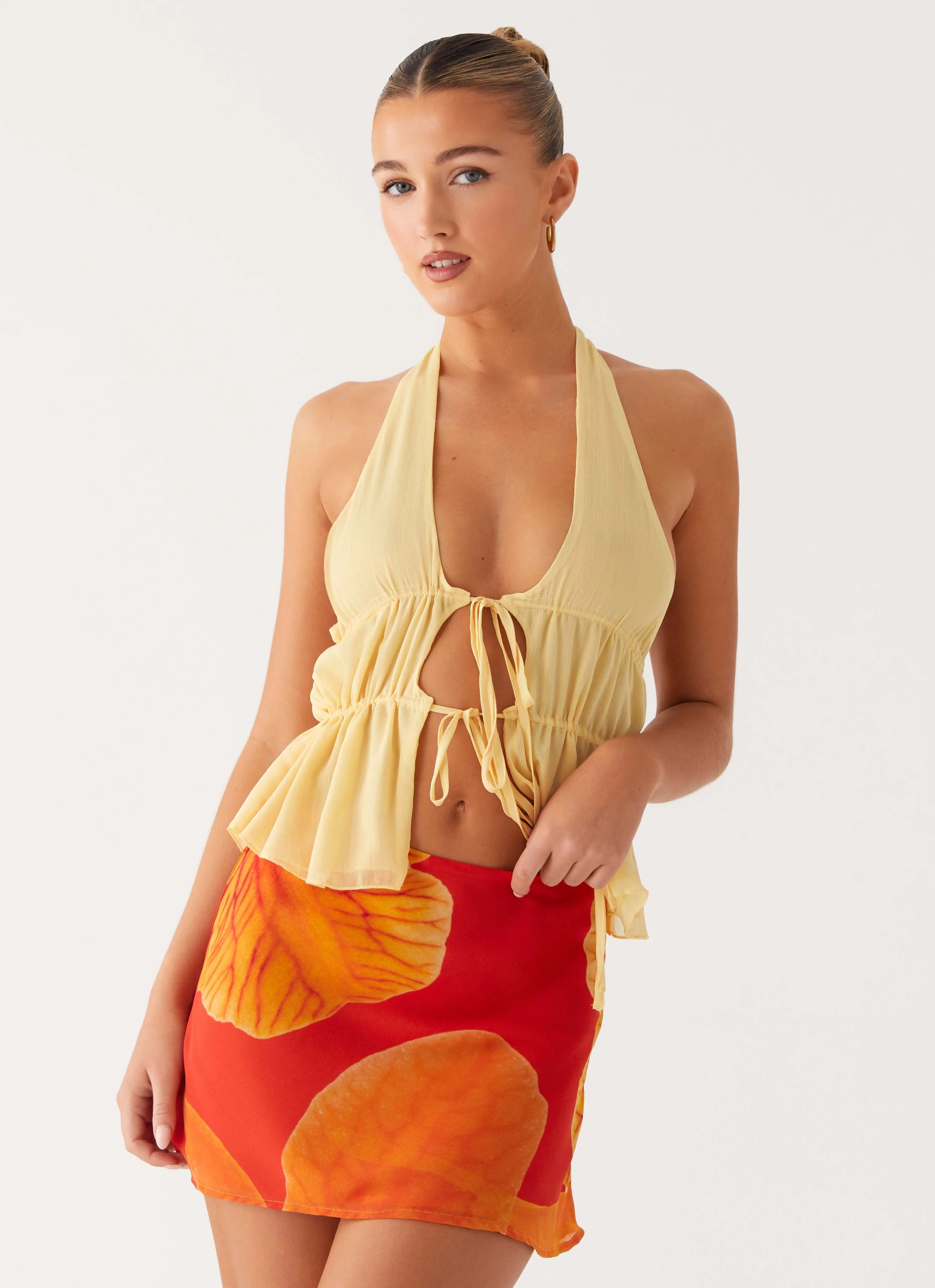 Texture Edge Clean Style Breezy Palms Mini Skirt - Serene Orange
