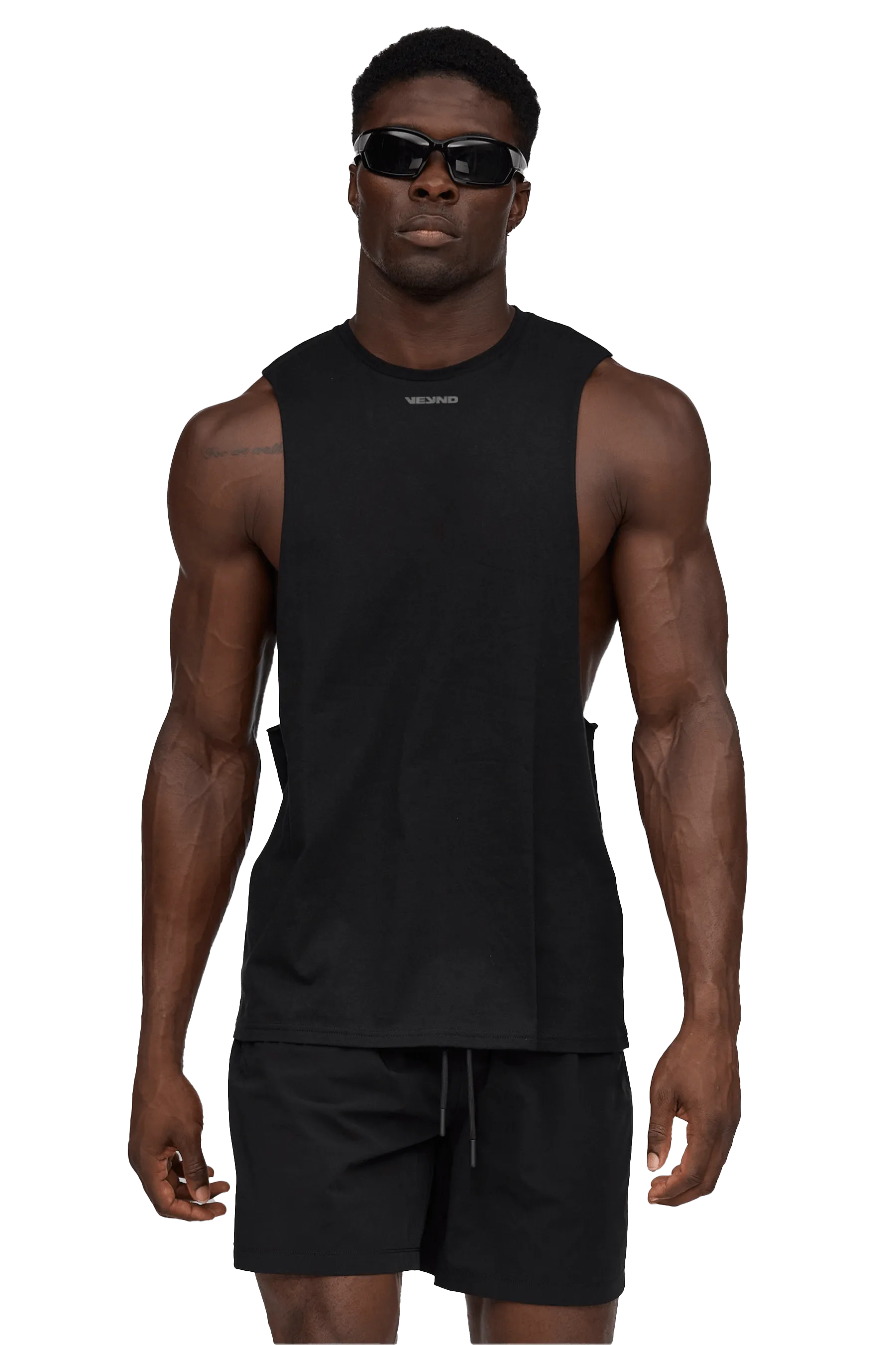Antimicrobial Fabric Adjustable Hook Closure Flex Fit Elastic Edging DROP ARM TANK V-GRAPHIC - Black