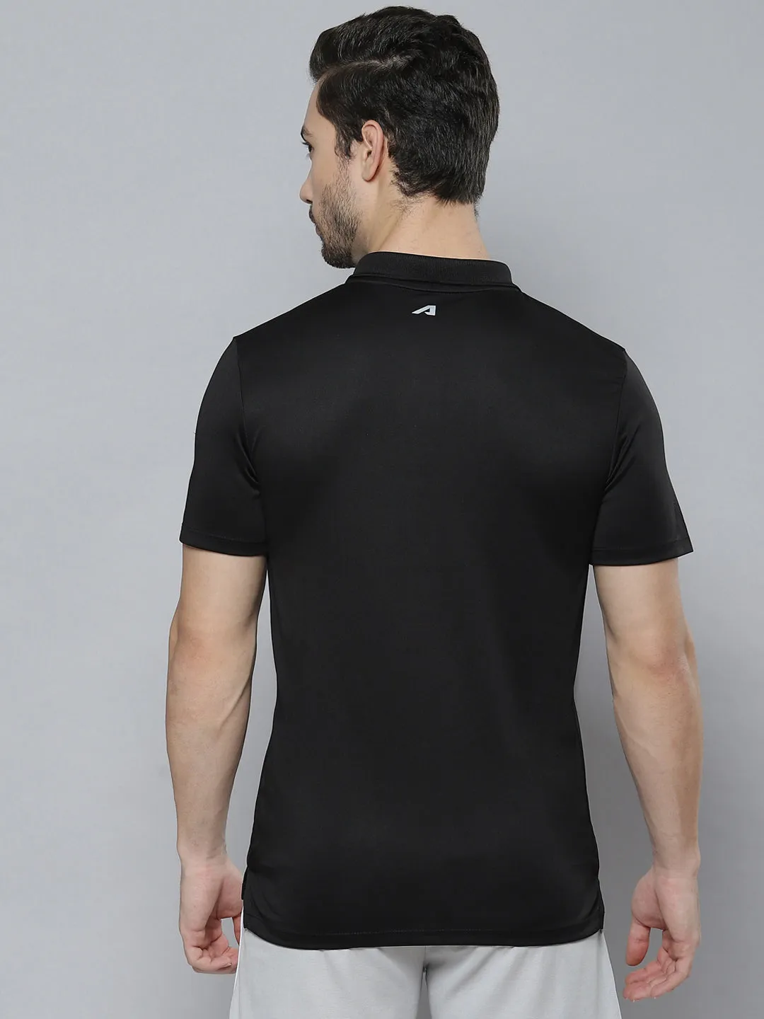 Alcis Men Black Brand Logo Printed Polo Collar T-shirt NonRestrictive Shoulder Design Golf Tournament