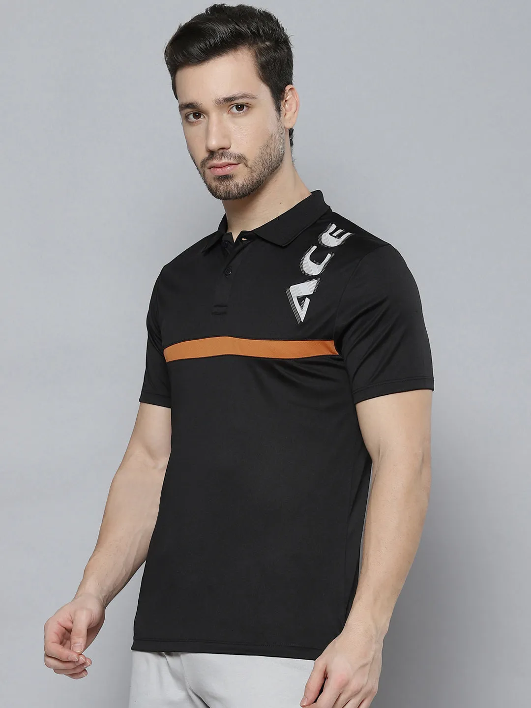 Work Appropriate warm weather Alcis Men Black Brand Logo Printed Polo Collar T-shirt