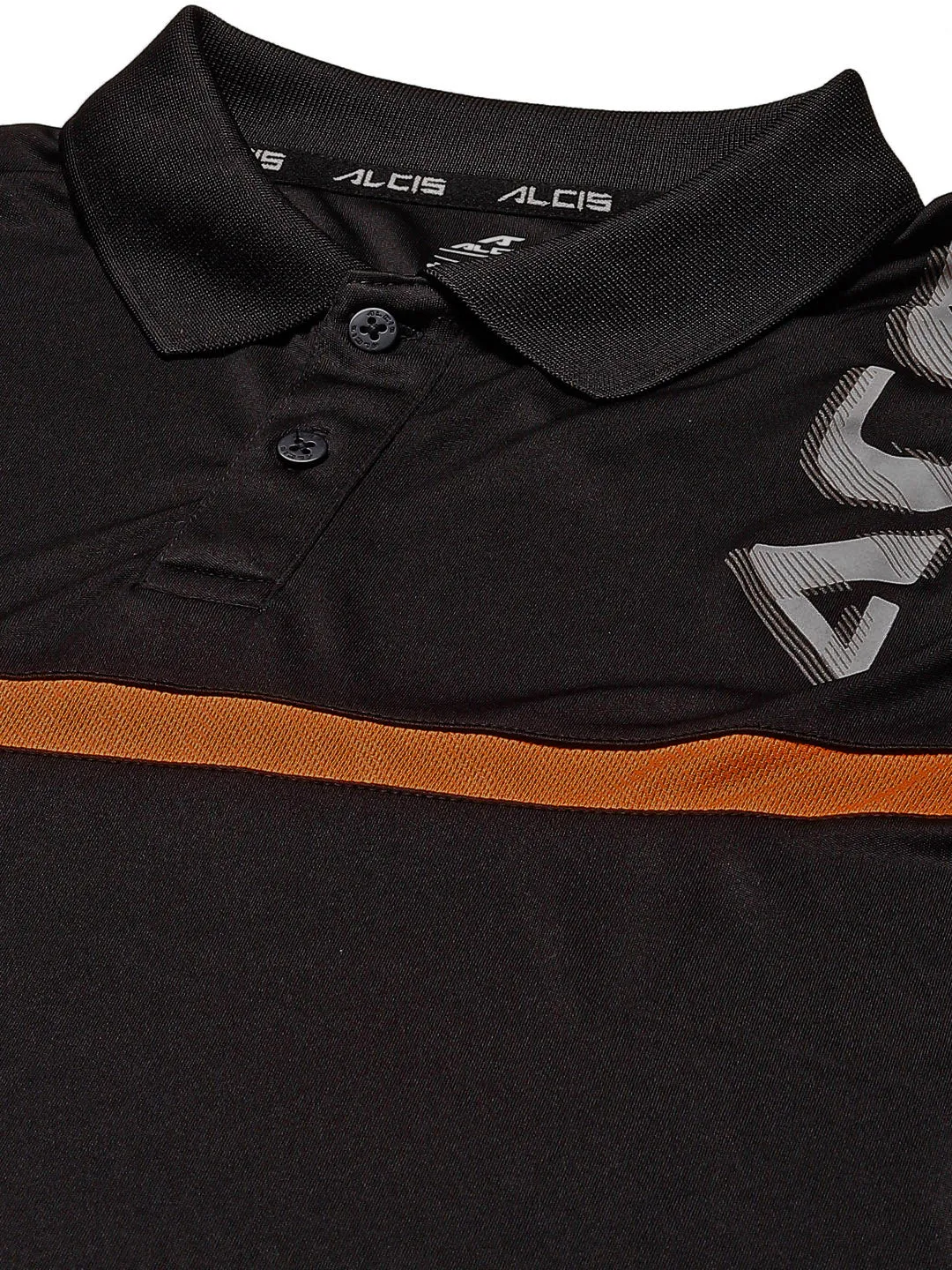 Alcis Men Black Brand Logo Printed Polo Collar T-shirt Micro Perforated Fabric Tapered Armhole Design