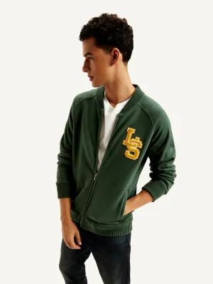 Men's Brand Logo Green Band Neck Zip-Front Sweatshirt Non Fading Coloration