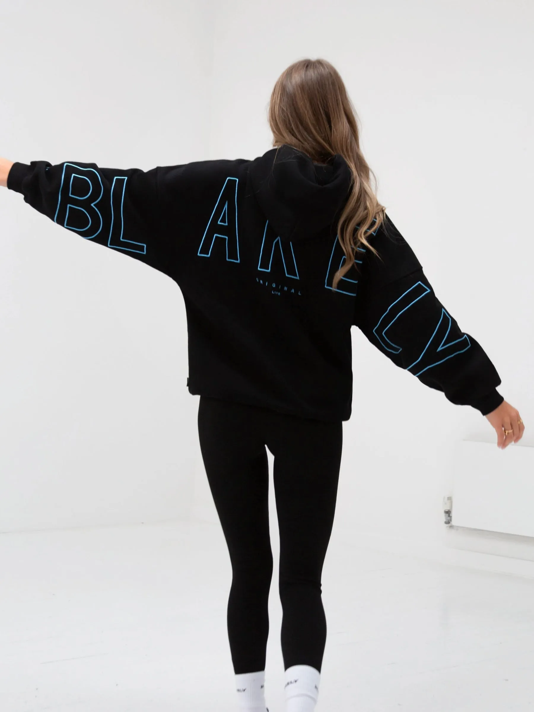 Button up pockets Premium Cotton Blend Embroidered Isabel Oversized Hoodie - Electric Blue