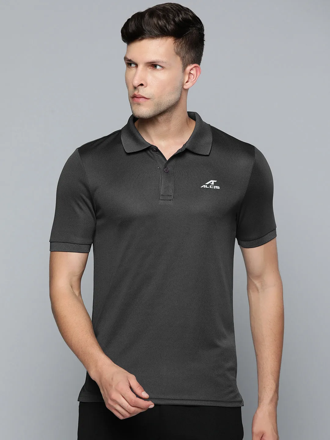 Alcis Men Charcoal Grey Polo Collar Slim Fit Wonder T-shirt Multipanel Construction Durable Ribbed Cuffs