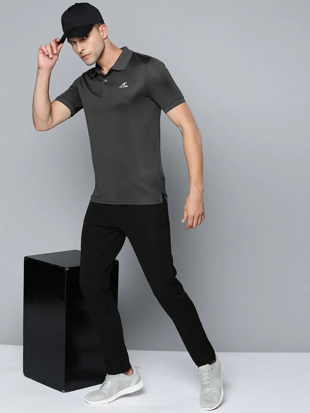 Alcis Men Charcoal Grey Polo Collar Slim Fit Wonder T-shirt Smart Layering