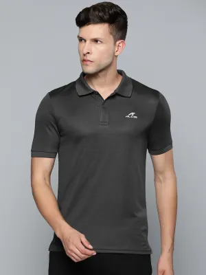 Alcis Men Charcoal Grey Polo Collar Slim Fit Wonder T-shirt Multipanel Construction Durable Ribbed Cuffs