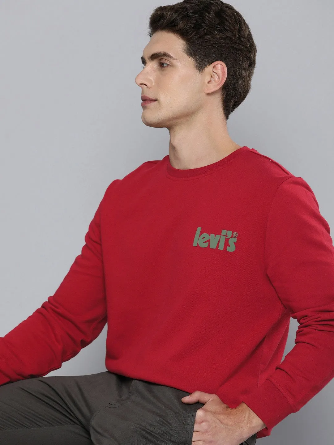 Men's Solid Red Crew Neck Sweatshirt Four Way Stretch