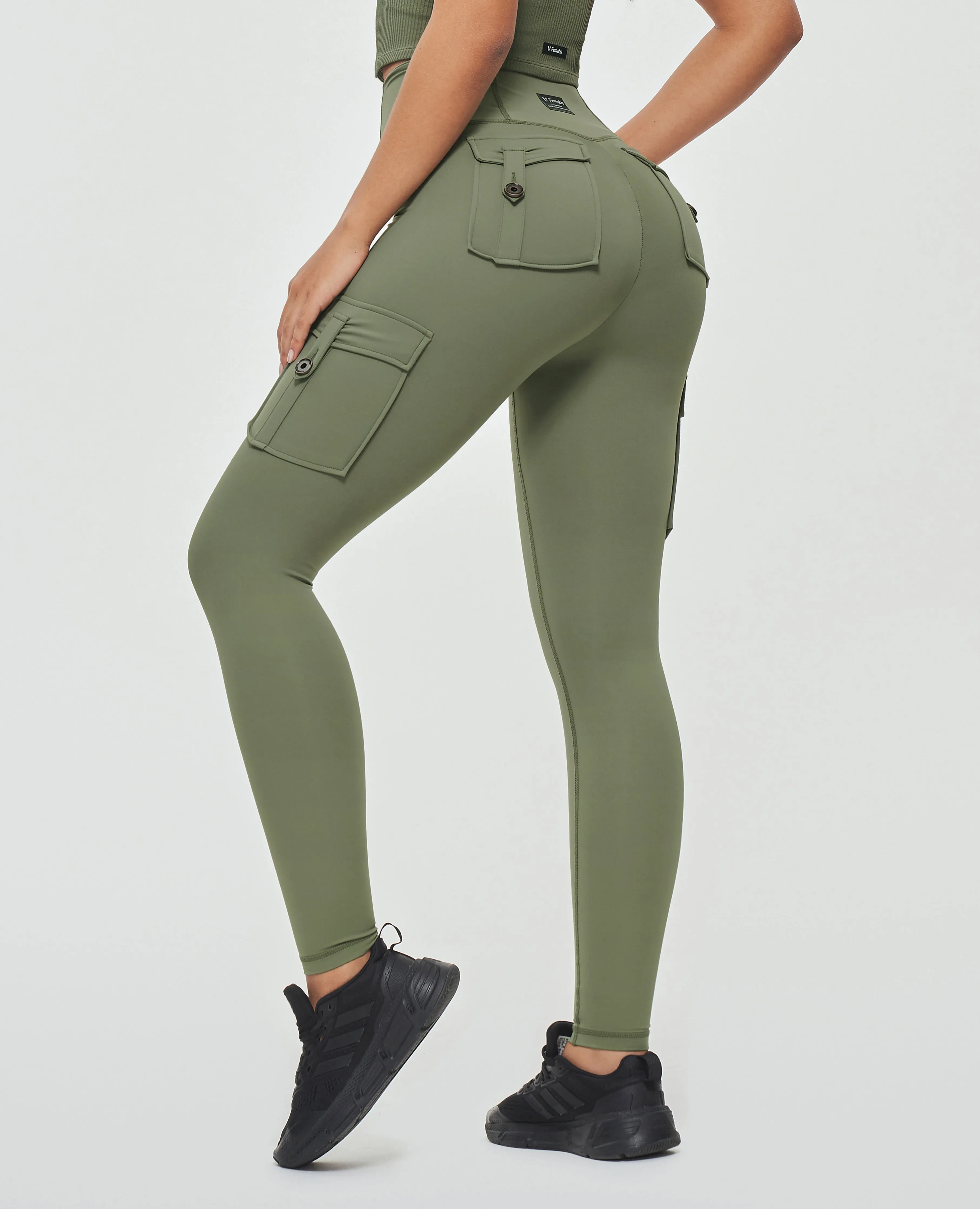 Body Sculpt High Waisted Cargo Leggings - Olive Green Elastic hemline