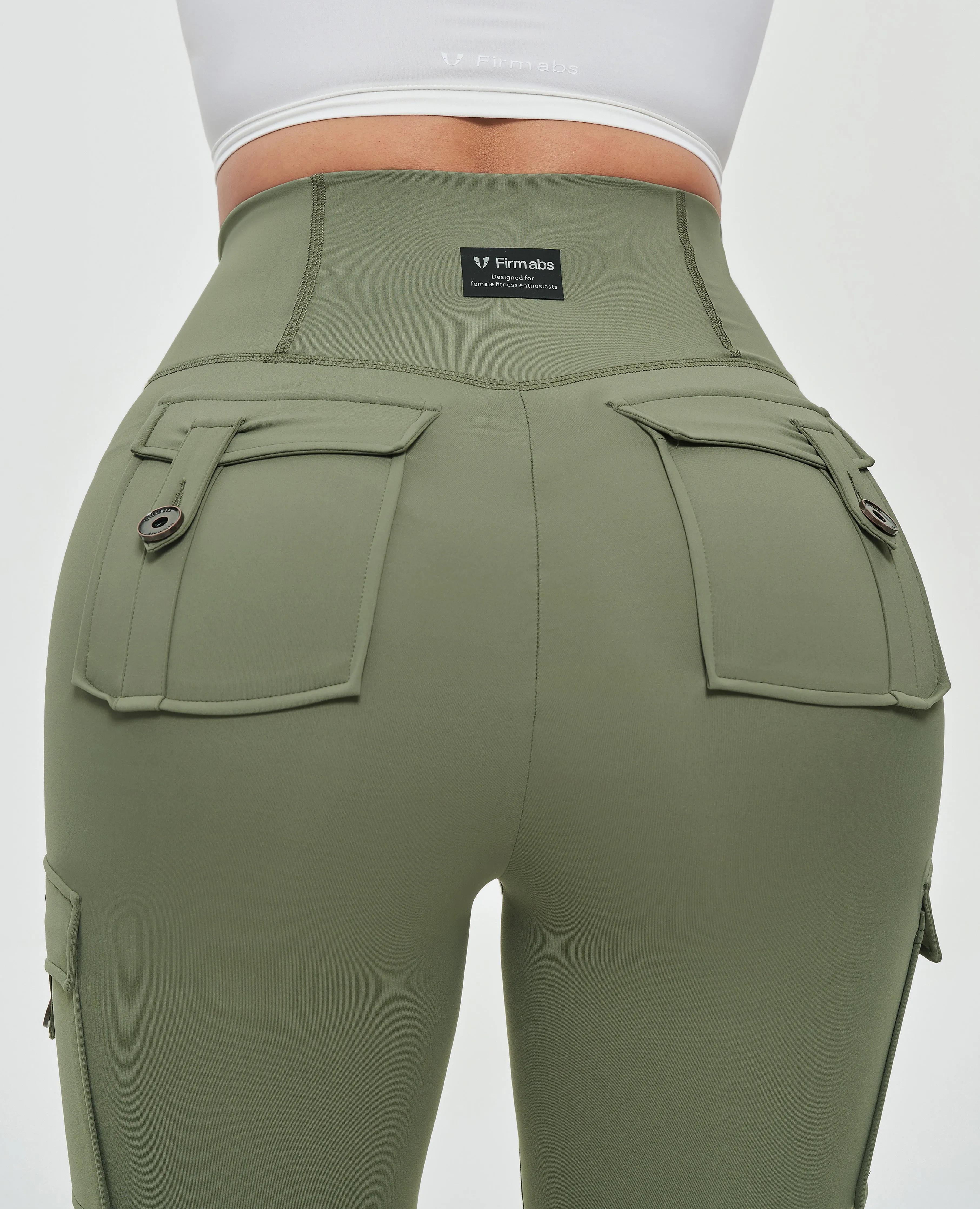 Body Sculpt High Waisted Cargo Leggings - Olive Green Casual Wearer School Sports Adaptive Compression Levels