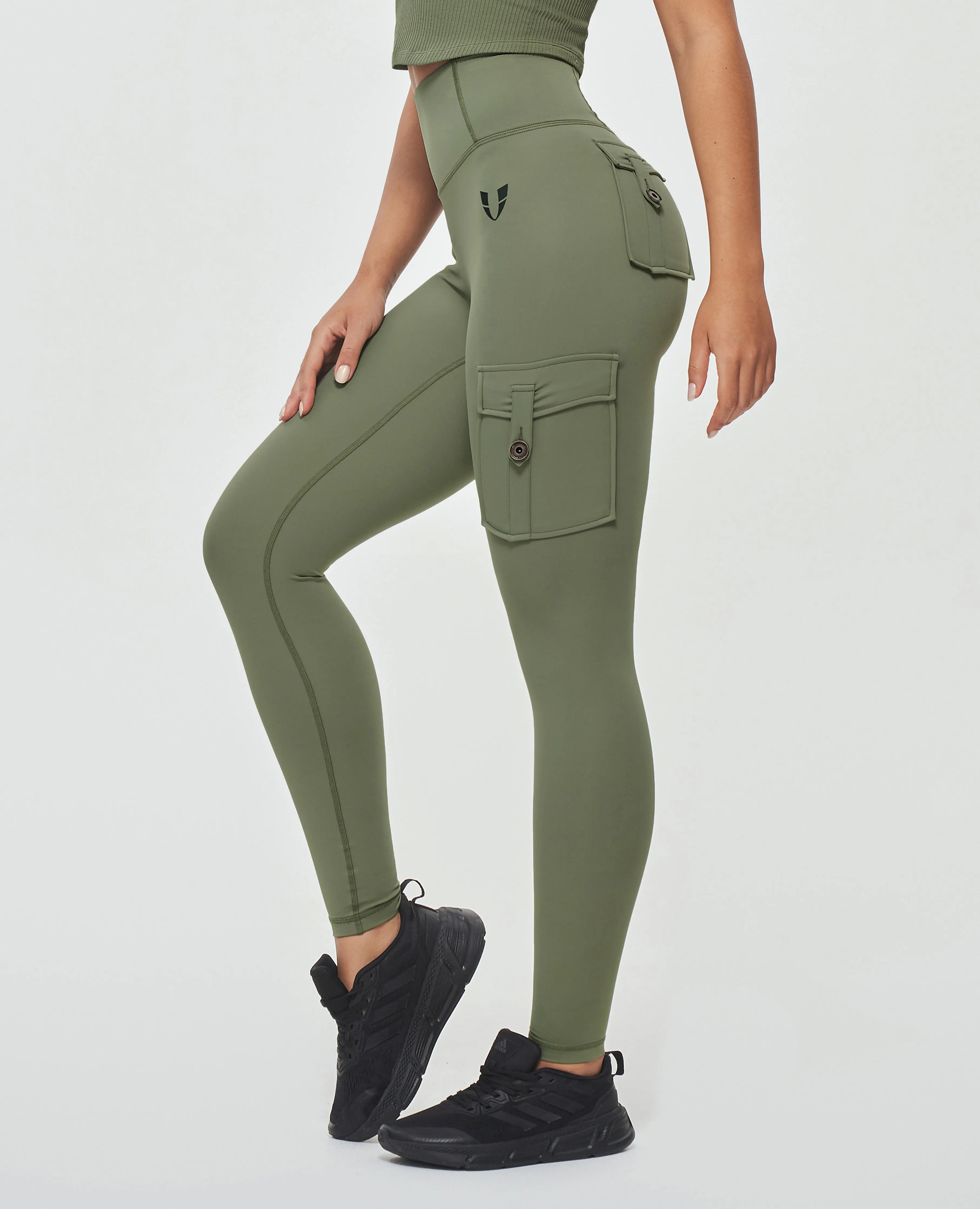 Body Sculpt High Waisted Cargo Leggings - Olive Green Outdoor Running Anti Odor