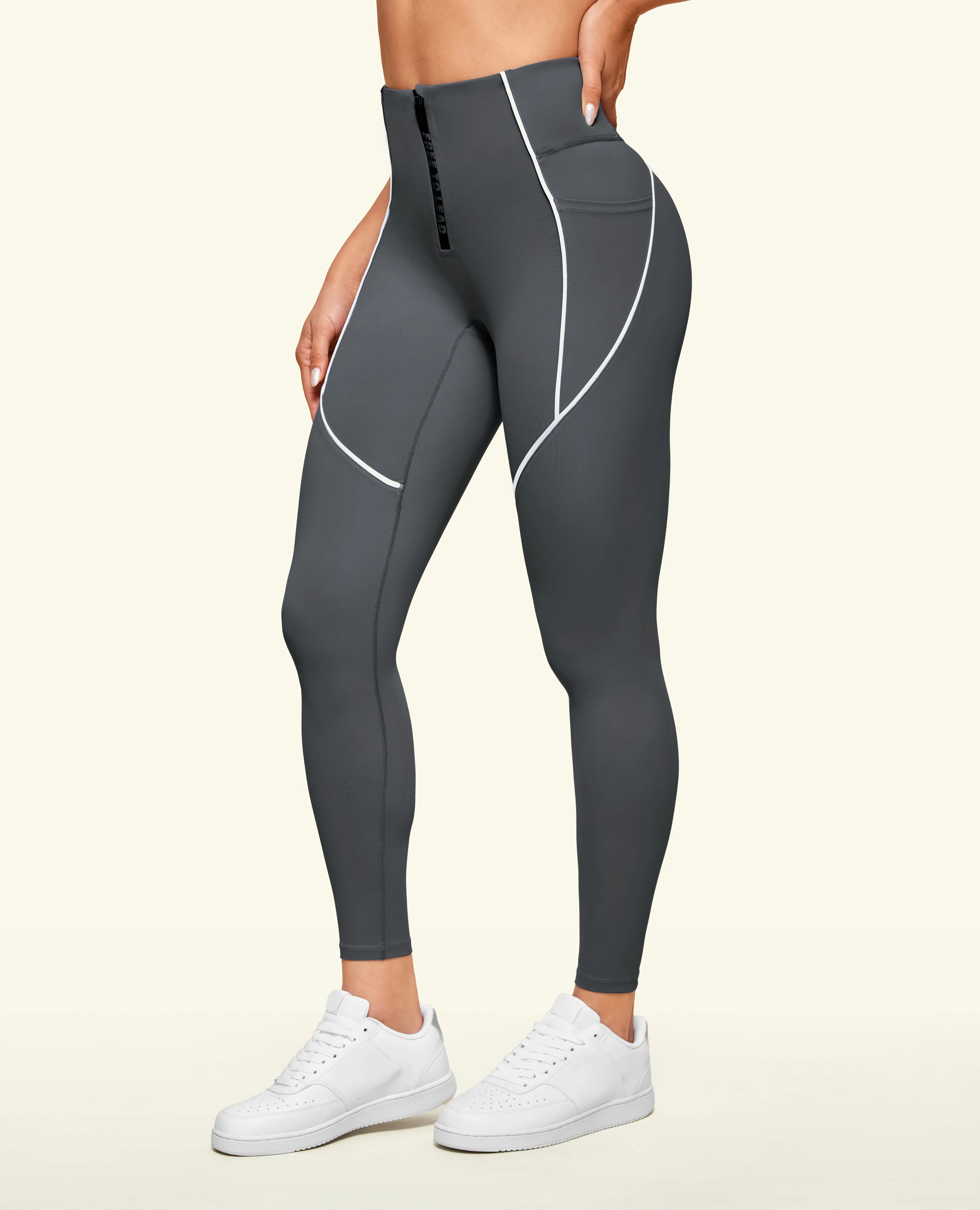 Zip Front High Waist Pocket Leggings - Grey Buttery Soft No Chafe Technology