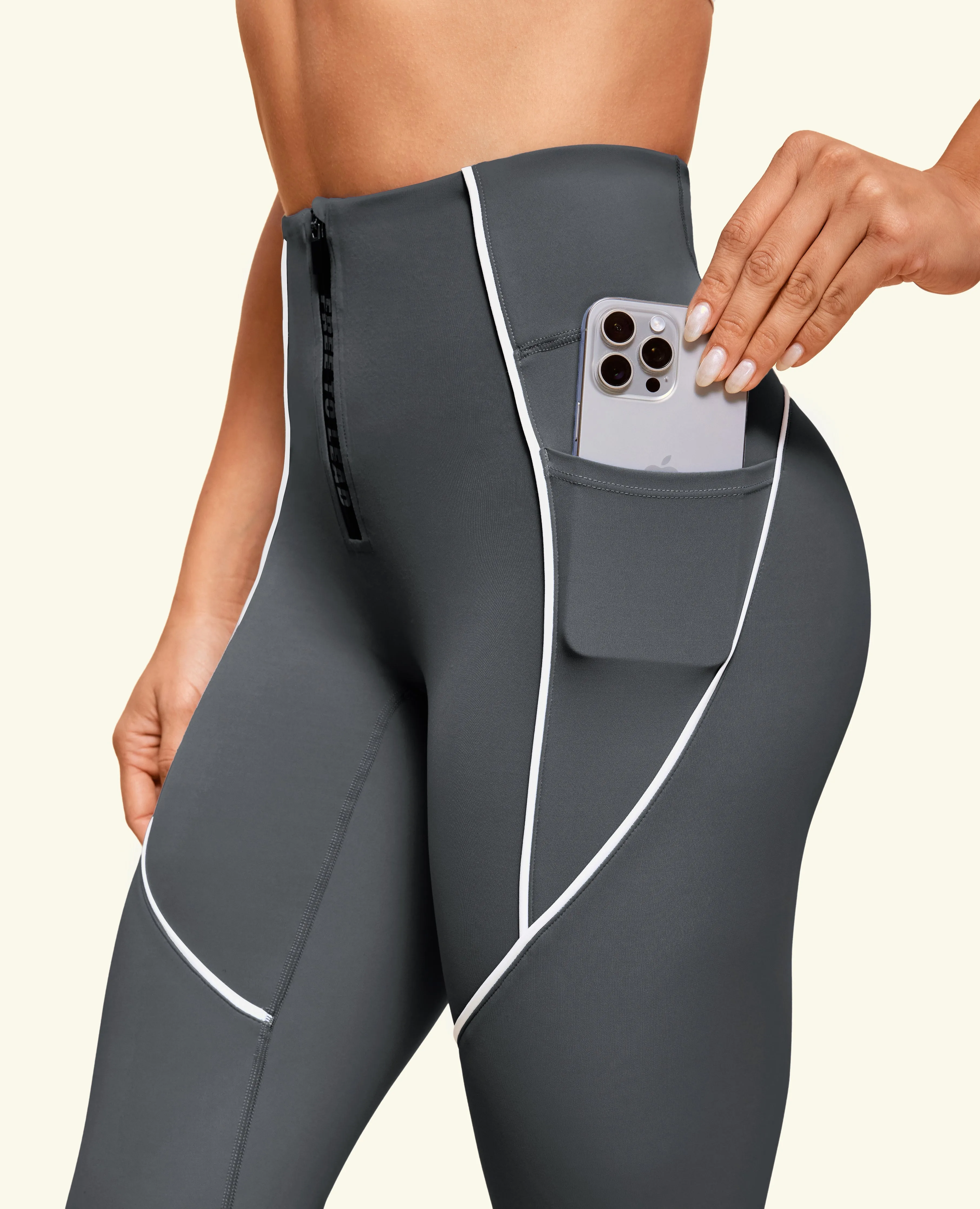 Zip Front High Waist Pocket Leggings - Grey Trend Seeker Four Way Soft Touch City Walk