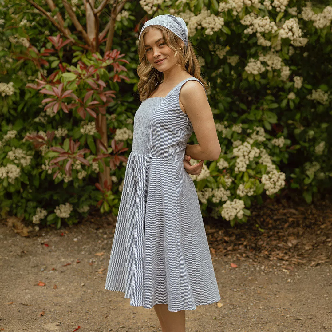 Sonata Dress, Navy Seersucker Sustainable Manufacturing EasyCareMaterial