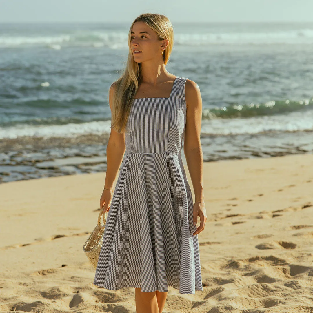 CompactKnit Sonata Dress, Navy Seersucker