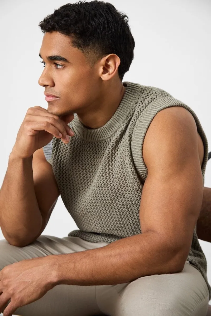 Garment Washed Texture Crochet Knitted Tank Top in Soft Sage