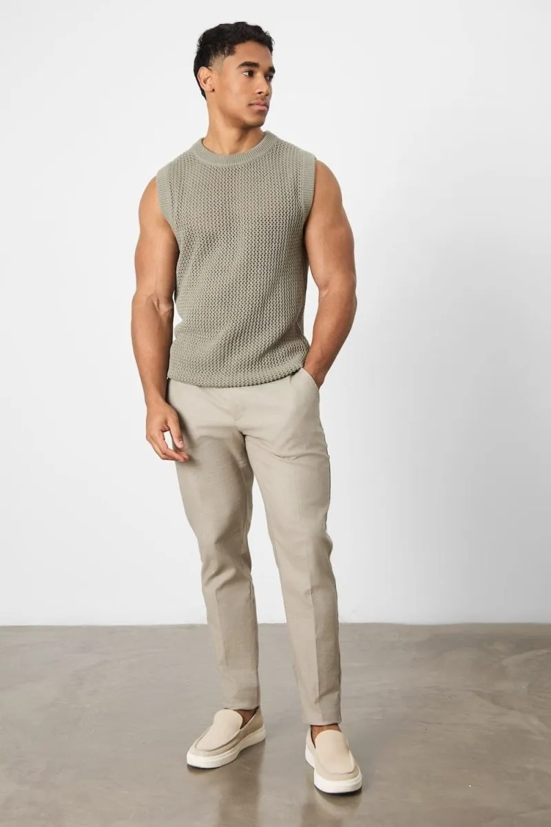 Crochet Knitted Tank Top in Soft Sage Water Based Ink Print Functional Comfort