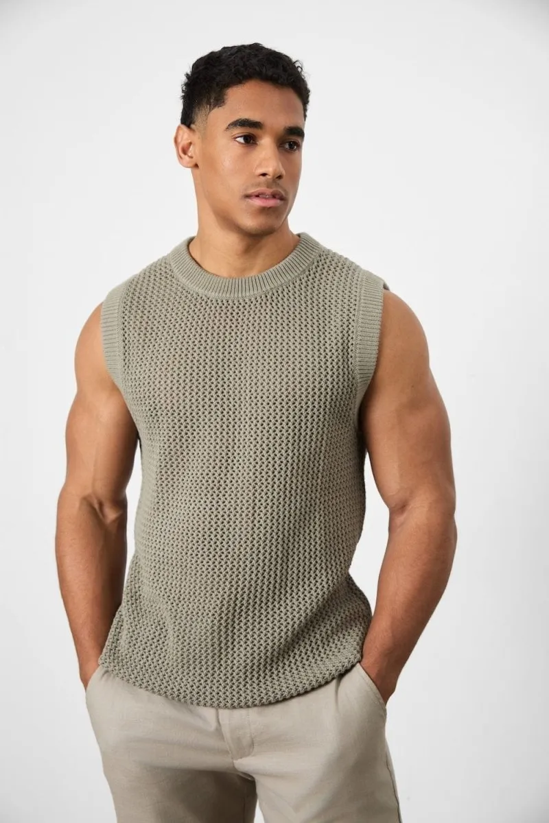 Crochet Knitted Tank Top in Soft Sage Hypoallergenic Fibers