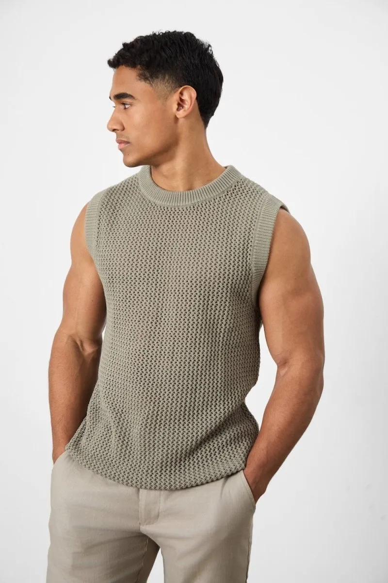 Crochet Knitted Tank Top in Soft Sage Thermal Regulating Layer yoga clothing