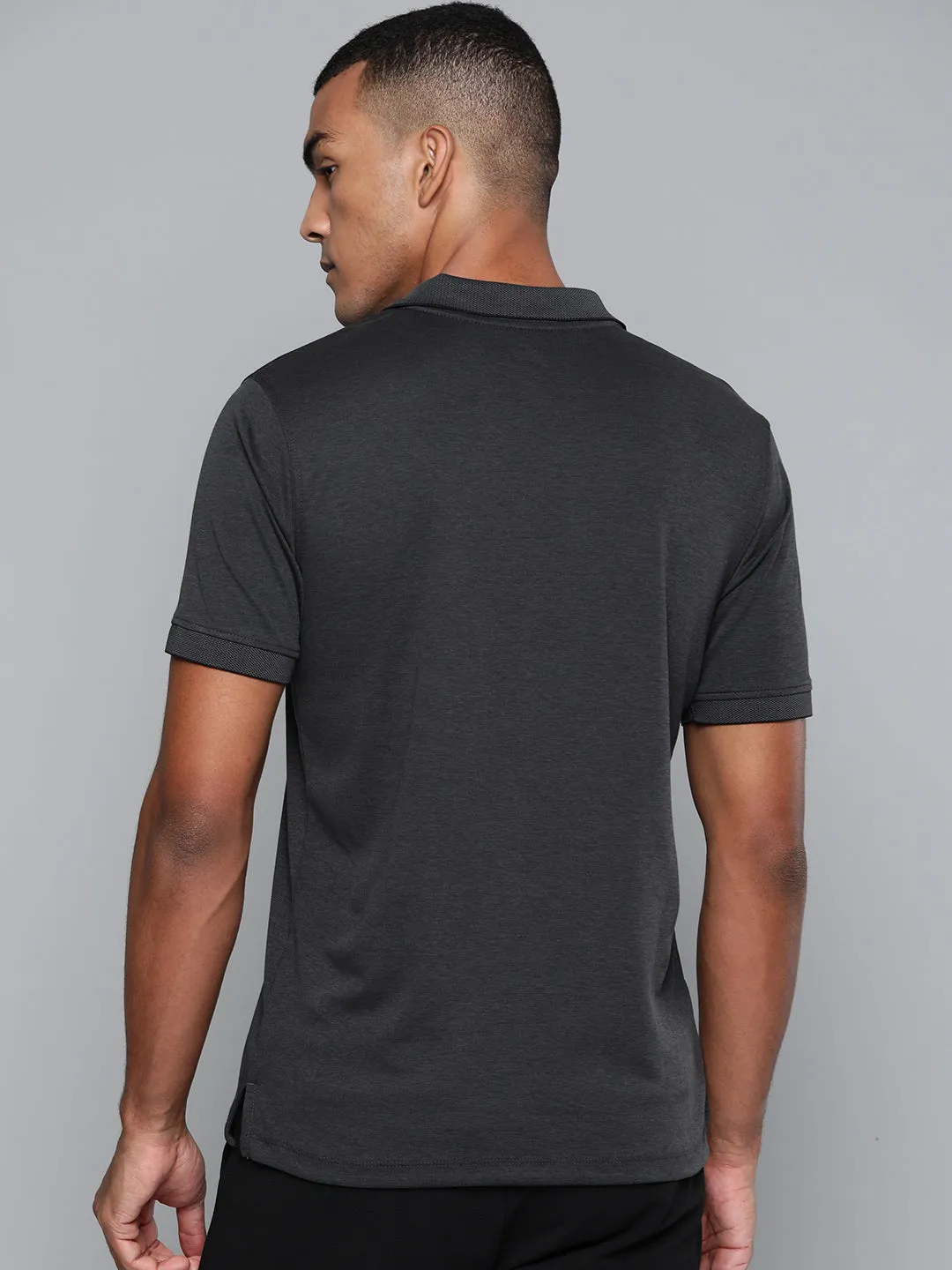Alcis Men Charcoal Grey Solid Polo Collar T-shirt Travel Essential Micro Perforated Fabric