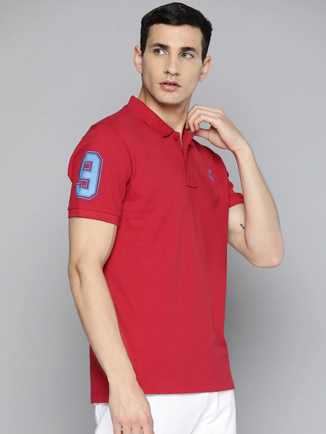 Office To Outing Alcis Men Red Typography Printed Polo Collar Slim Fit T-shirt