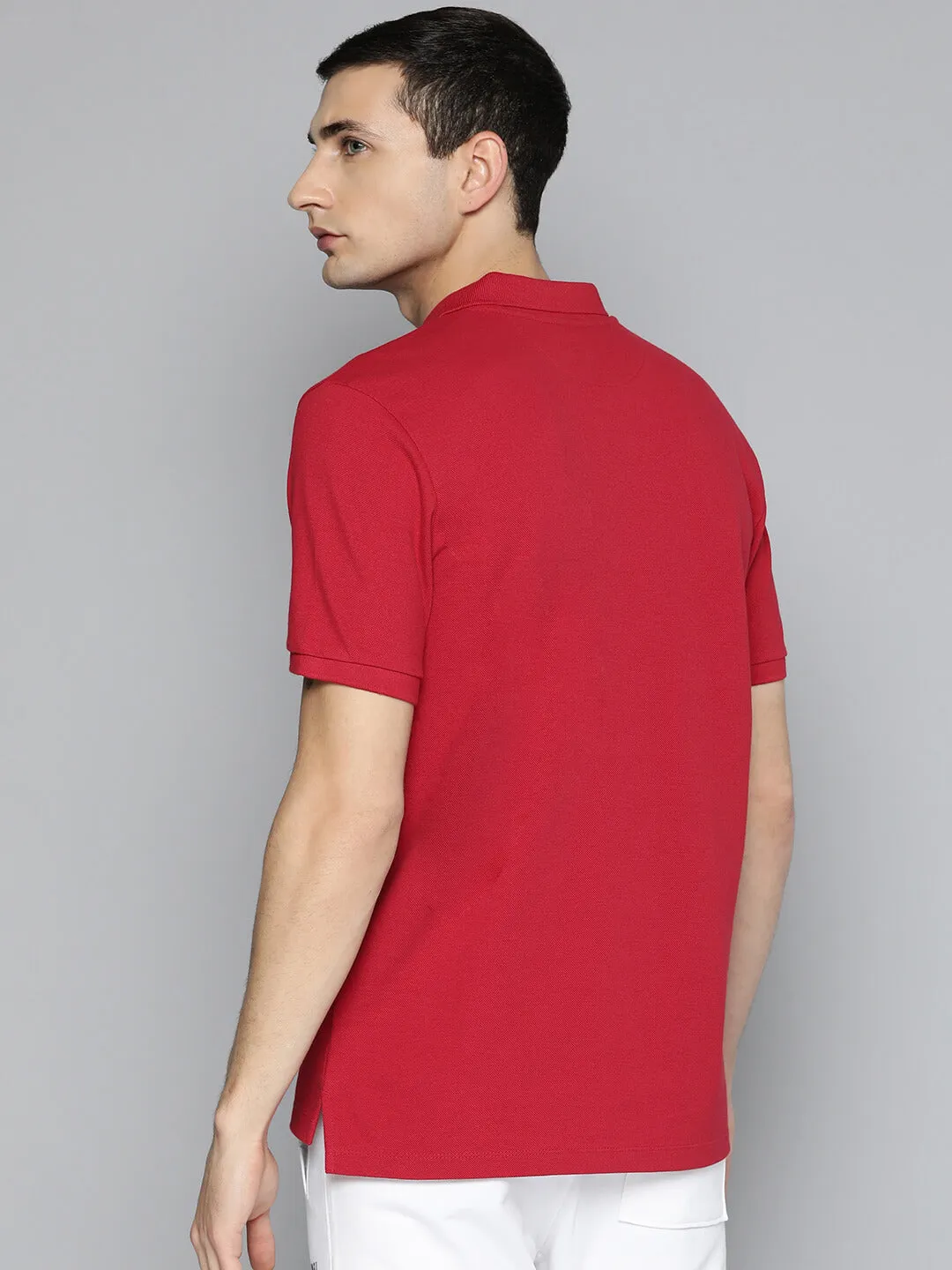 Alcis Men Red Typography Printed Polo Collar Slim Fit T-shirt Ribbed Cuff Design Breathable Weave