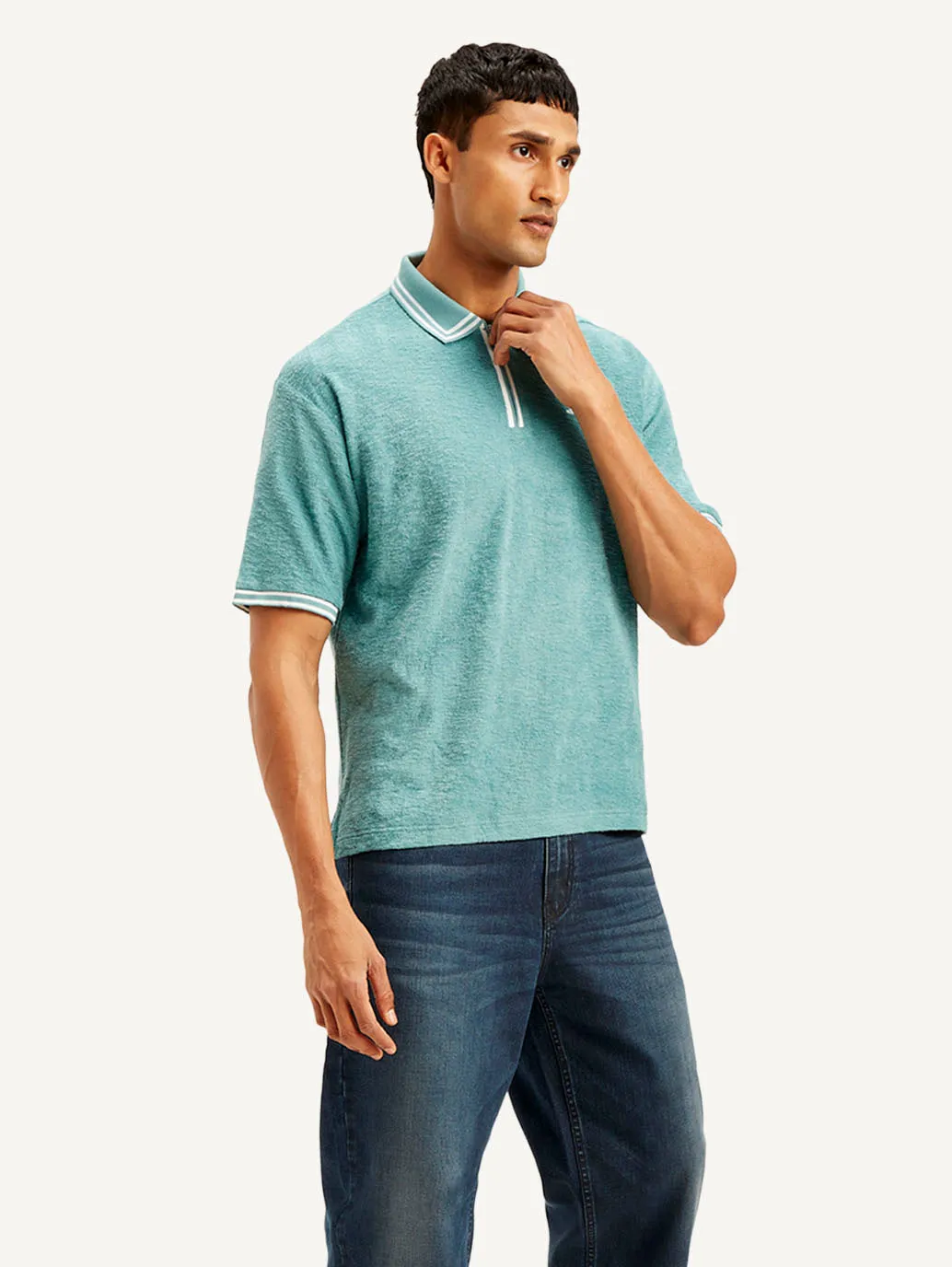 Men's Knitted Teal Polo T-shirt FourButton Placket