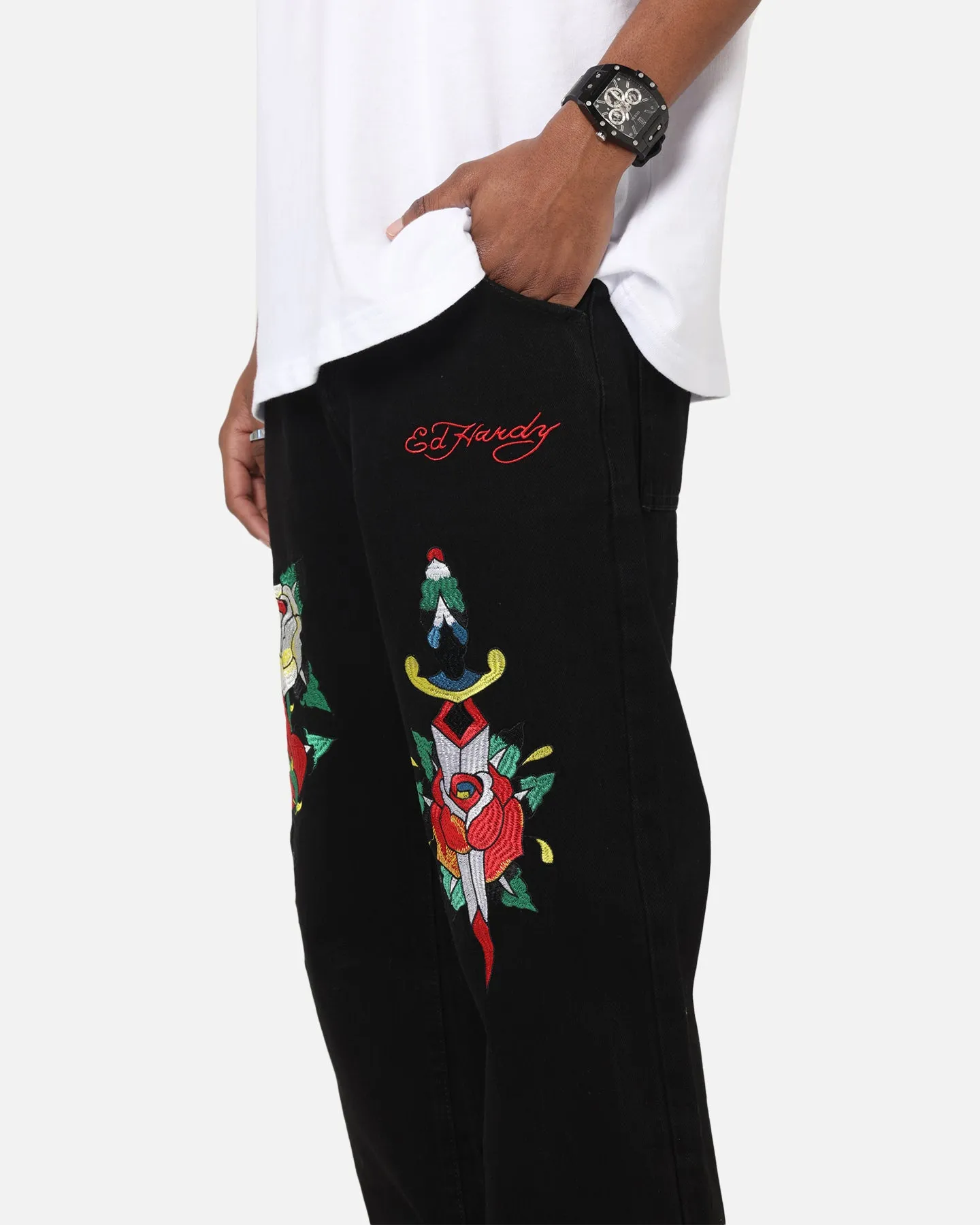 Ed Hardy Once Wounded Jeans Black Softened Seams Rugged Construction