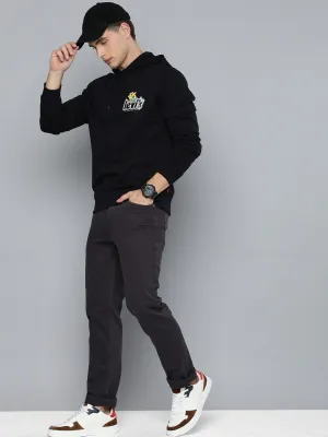Men's Solid Black Hooded Sweatshirt Zippered Front Closure Seamless Side Panels