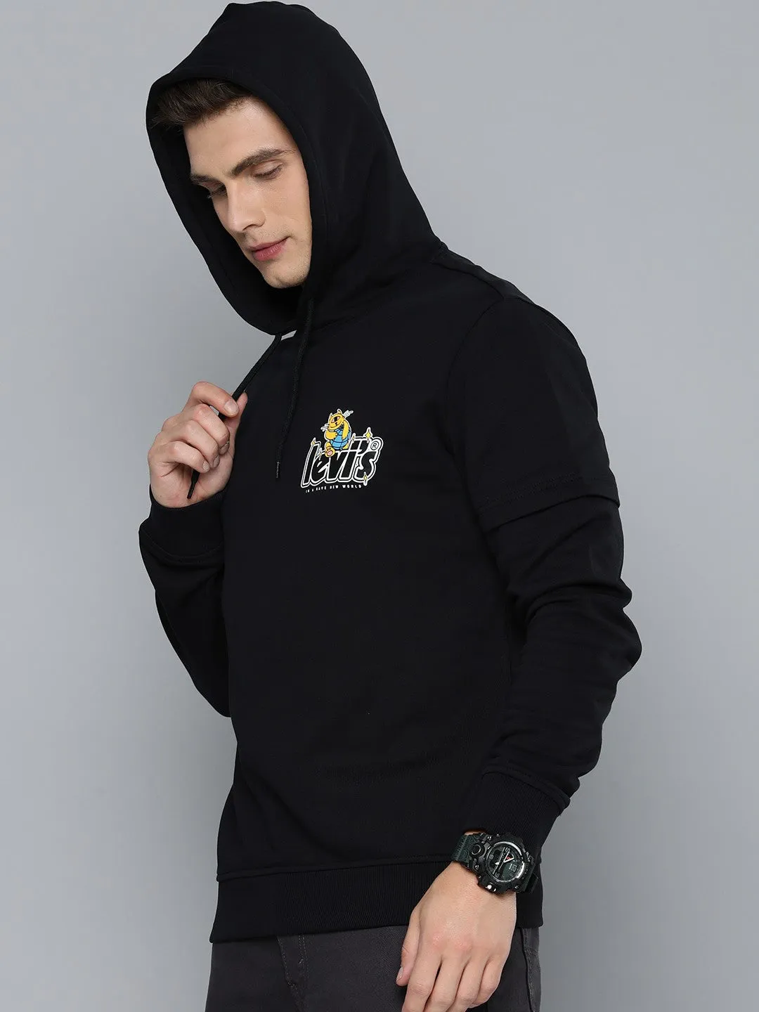 Denim Look Men's Solid Black Hooded Sweatshirt