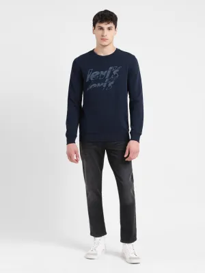 Men's Solid Blue Crew Neck Sweatshirt Faded Wash Effect