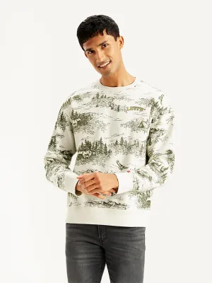 Skate Inspired Men's Printed Off-White Crew Neck Sweatshirt