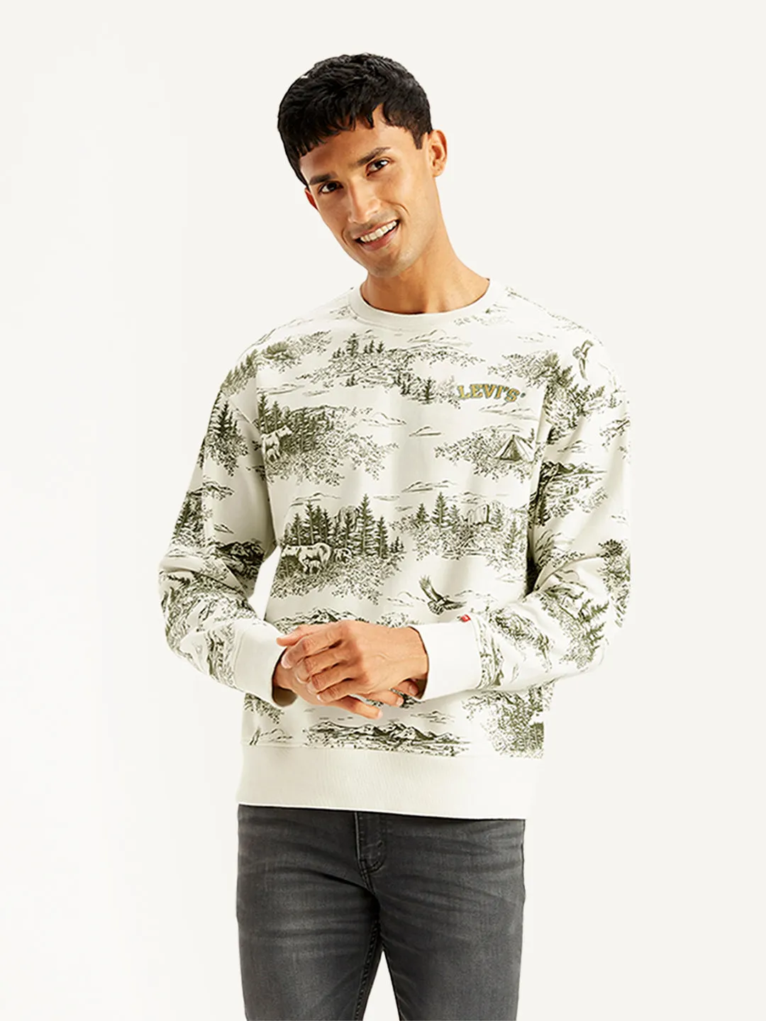 Skate Inspired Men's Printed Off-White Crew Neck Sweatshirt
